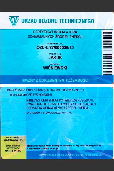 Certyfikat UDT OZE PV